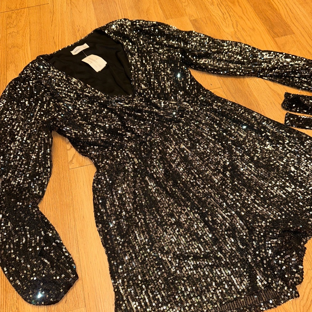 Black Sequin Mini Dress with V-Neck Romper